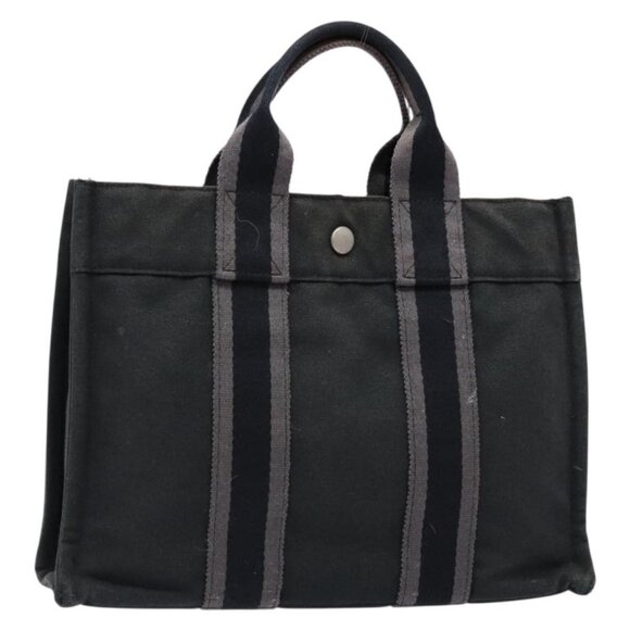 HERMES Fourre Tout PM Hand Bag Canvas Black Gray Silver Auth 129762 - Picture 1 of 16